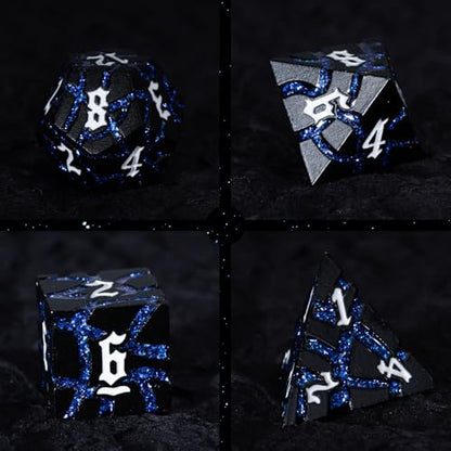 Cracked Rune Metal Dice Set for DND & RPG – Dark Fantasy Fractured Design, Premium Heavy Metal Polyhedral Dice with Deep Engraved Numbers, 7-Piece Set – Blue Arcane Vein - color: Matte Black Blue