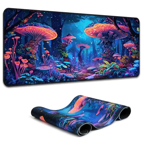 Simpkeely Fantasy Mushroom Mouse Pad, Blacklight Gaming Forest Waterproof Extended Large Desk Pad UV Long Computer Keyboard Big Mouse Mat with 3mm Non-Slip Rubber Base for Office Home - 31.5" x 11.8" - color: Mushroom Forest