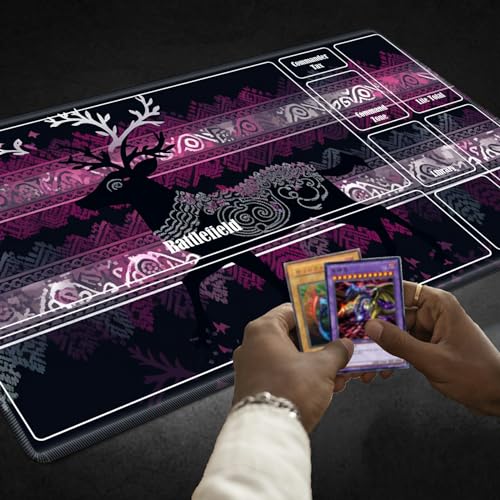 Board Game Mat TCG Playmat Plus 50 Pcs Card Sleeves, 24 x 14 inches Table Mats Games Mousepad with Zones Smooth Surface for MTG RPG CCG Trading Card Game Play Mats, Purple Xmas Deer - color: Purple Xmas Deer, size: Zone 1