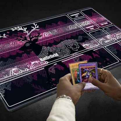 Board Game Mat TCG Playmat Plus 50 Pcs Card Sleeves, 24 x 14 inches Table Mats Games Mousepad with Zones Smooth Surface for MTG RPG CCG Trading Card Game Play Mats, Purple Xmas Deer - color: Purple Xmas Deer, size: Zone 1