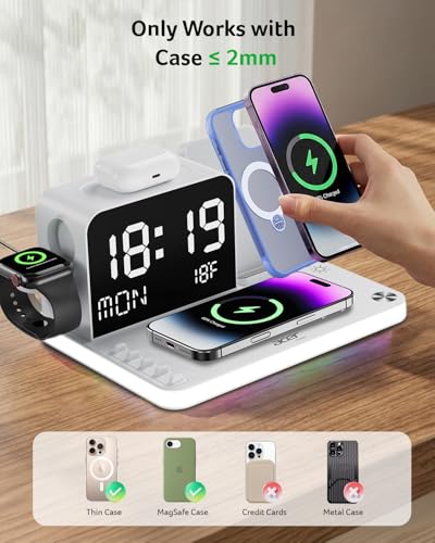 Acer 7-in-1 Wireless Charging Station with LED Clock - 30W Fast Wireless Charger for iPhone 16/15/14/13/12/Pro Max, Apple Watch, AirPods - Bluetooth Auto Time Sync & Night Lights (White) - color: White