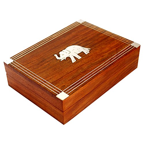 Wooden Double Deck Card Holder Box – Solid Wood Playing Card Storage Case for Poker & Bridge Decks (Elephant Inlay)