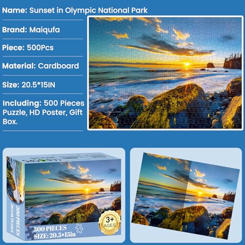 500 Pieces Puzzle for Adults - Olympic National Park Jigsaw Puzzle for Adults Teens,Recycled Cardboard Sunset Beach Puzzle 500 Pieces,Challenging Game for Family Fun & Gift Idea,20.5 x 15 in - style: Olympic Park