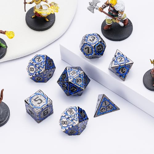 DND Metal Dice Set with Cracks, Polyhedral Dice for RPG D&D Dungeons and Dragons RPG TTRPG D and D 7-Die with Gift Case (Black Nickel Sapphire Blue) - color: Black Nickel Sapphire Blue