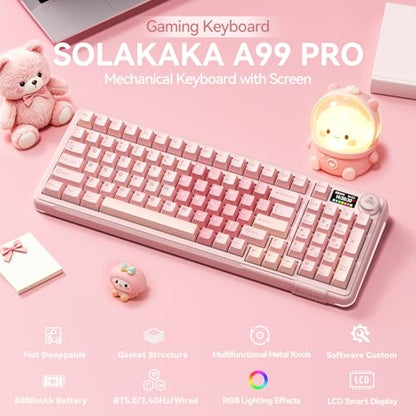 SOLAKAKA A99 Pro Wireless Gaming Keyboard with LCD Screen & Metal Knob, 96% Layout Mechanical Keyboard, 2.4GHz/BT5.0/USB-C, Hot Swappable, Creamy Keyboard with Gasket Structure, RGB, for Win/Mac - color: Pink