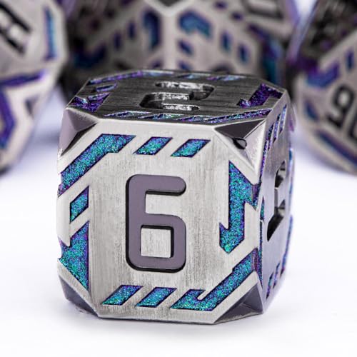 Metal DND Sci-fi Dice Set 7PCS Stripe Polyhedral Dice for Dungeons Dragons RPG Role Playing Game, Glitter D and D Dice with Gift Box D6 D8 D10 D12 D20 (Grey&Purple Green) - color: Silver Gray - Purple Green
