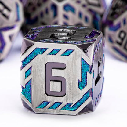 Metal DND Sci-fi Dice Set 7PCS Stripe Polyhedral Dice for Dungeons Dragons RPG Role Playing Game, Glitter D and D Dice with Gift Box D6 D8 D10 D12 D20 (Grey&Purple Green) - color: Silver Gray - Purple Green
