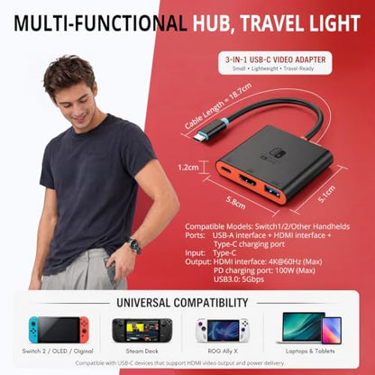 Switch 2 Dock for TV, Aluminum Alloy Shell HDMI 2.0 4K@60Hz HDR Docking Station for Nintendo Switch 2/OLED/Steam Deck/ROG Ally, USB C to HDMI Adapter with 100W PD 3.0 Fast Charging & USB3.0