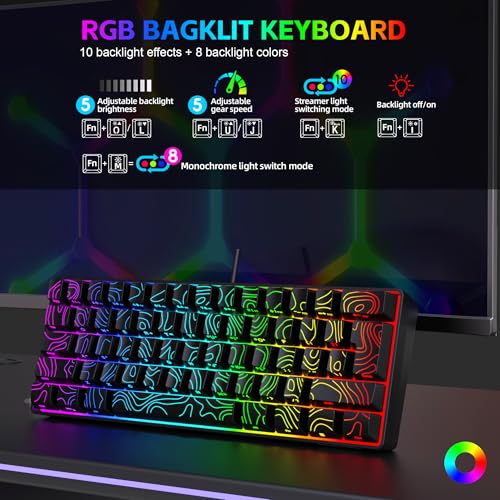 Snpurdiri 60% Wired Gaming Keyboard 61 Keys RGB (Contour Line-Black) | Backlit Small Gaming Keyboard Ultra-Compact for PC/Mac Gamer, Typist, Travel, Easy to Carry on Business Trip - color: Black(Contour-line)