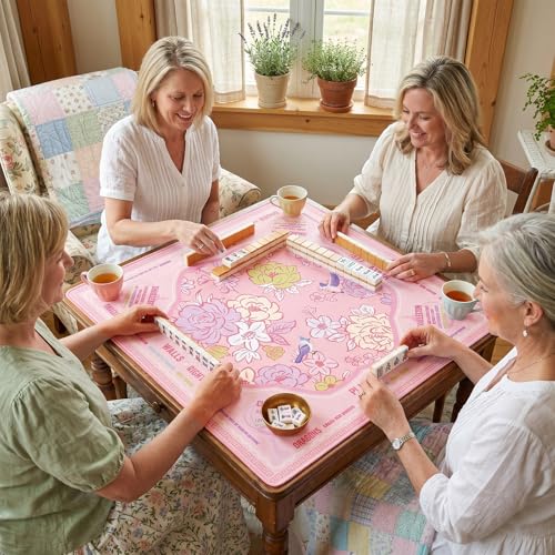 Soulchen Flower Pink American Mahjong Mat for Table with Rules, No Creases, Ships Rolled, 31.5 x 31.5 Non-Slip Noise Reduction Gaming Mat with Carrying Bag for Poker Card Board - color: Pink
