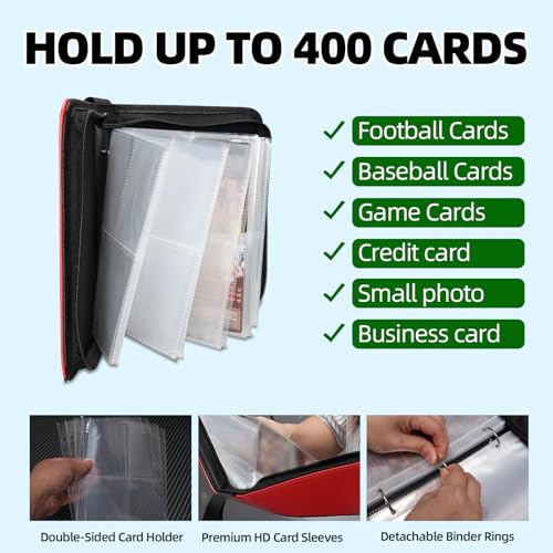 Collectible Trading Card Albums,4 Pocket Card Binder, 400 Double Sided Pocket PU Premium Zip Trading Collection Binderwith 50 Removable Sleeves, Card Folder forTCG, Sports Cards (Red & Yellow) - color: Red & Yellow