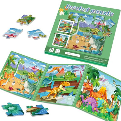 Magnetic Puzzles for Toddlers 3-5 Dinosaur Puzzle Travel Toys for Kids | Jigsaw Puzzles for Kids 75-Pieces Travel Toys Dinosaur Puzzles Ages 4-6 Road Car Trip & Airplane Activities - style: Dinosaur