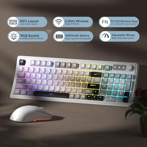 MageGee V990 Creamy Wireless Keyboard and Mouse Combo, 99 Keys RGB Backlit Rechargeable Quiet Gaming Keyboard, Adjustable Optical Mouse, with Number Pad, Keyboards Set for Desktop, Laptop, PC(White) - color: White
