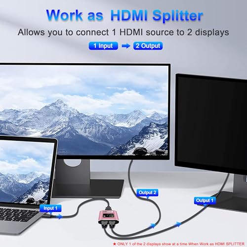 HDMI Switch Splitter 4K@60Hz, Aluminum HDMI 2.0. Bi-Directional Switch Supports 2 in 1 out or 1 in 2 out, Ideal for Connecting Devices Like Xbox, PS5/4/3, Blu-Ray players, Fire Stick, Roku, and HDTVs. - color: Pink