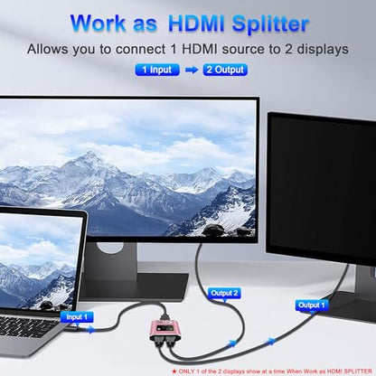 HDMI Switch Splitter 4K@60Hz, Aluminum HDMI 2.0. Bi-Directional Switch Supports 2 in 1 out or 1 in 2 out, Ideal for Connecting Devices Like Xbox, PS5/4/3, Blu-Ray players, Fire Stick, Roku, and HDTVs. - color: Pink