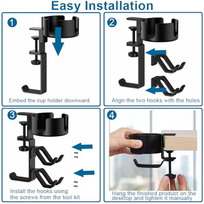 Under Desk Controller Holder Clamp Headphone Cup Organizer | under desk clamp-on controller holder, headphone hanger, desk cup holder, no-drill install, gaming desk organizer
