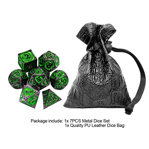 Haxtec Metal Dice Set Green Black Dragon Pattern Metal DND Dice with Leather Dice Bag Polyhedral D&D Dice Compatible with Dungeons and Dragons TTRPG Gifts - color: Black Matt Green