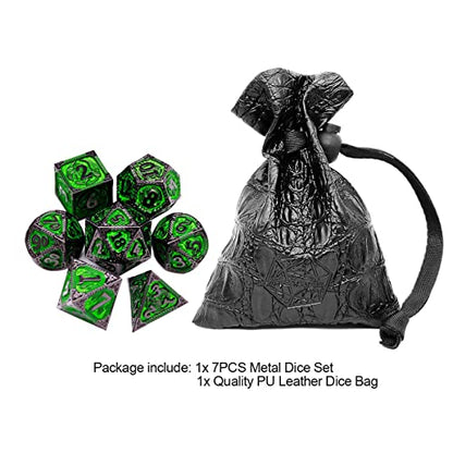 Haxtec Metal Dice Set Green Black Dragon Pattern Metal DND Dice with Leather Dice Bag Polyhedral D&D Dice Compatible with Dungeons and Dragons TTRPG Gifts - color: Black Matt Green