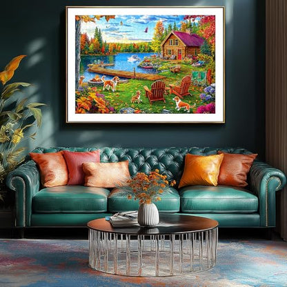 Autumn Lake House 1000 Piece Jigsaw Puzzle for Adults - Rustic Log Cabin, Dock & Fall Foliage Scenery with Dogs - Fun Landscape Challenging Gift for Game Night 27x20 Inches - color: Colorful Lake House