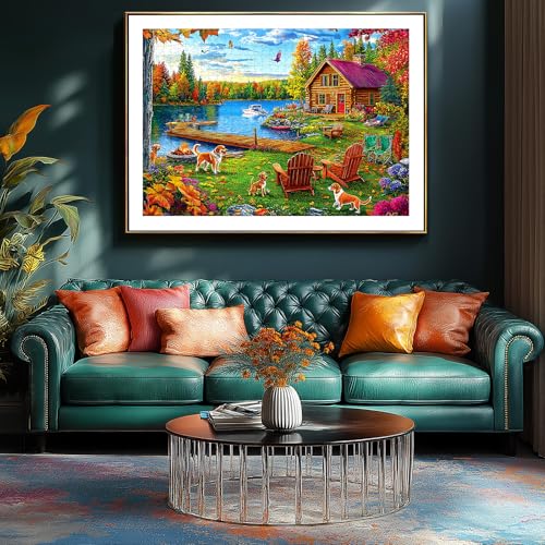 Autumn Lake House 1000 Piece Jigsaw Puzzle for Adults - Rustic Log Cabin, Dock & Fall Foliage Scenery with Dogs - Fun Landscape Challenging Gift for Game Night 27x20 Inches - color: Colorful Lake House