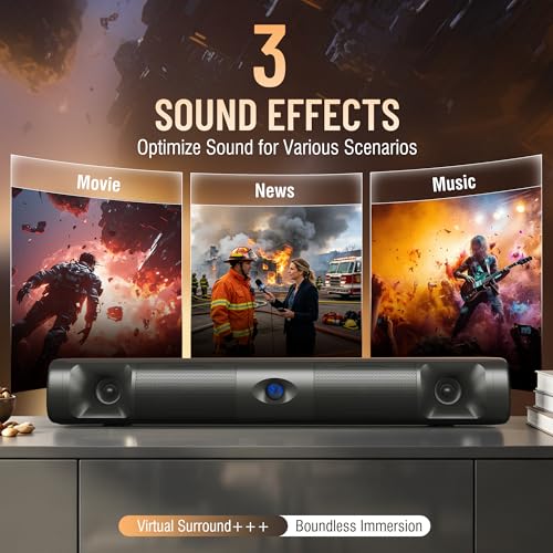 Sound Bar for Smart TV, 60W Bluetooth 5.3 Soundbar with Deep Bass & Clear Voice, Surround Sound with TV ARC/Optical/AUX, Slim 17-Inch Wall Mountable Sound Bar for TV, PC, Gaming & Projectors