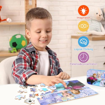 Puzzles for Kids Ages 4-8,Kids Puzzls in a Metal Box,Winter Princess Snowman Small Puzles,Kid Boys Girls Learning Educational Puzzle Packed in Tin Box,60 Pieces - color: Princess60