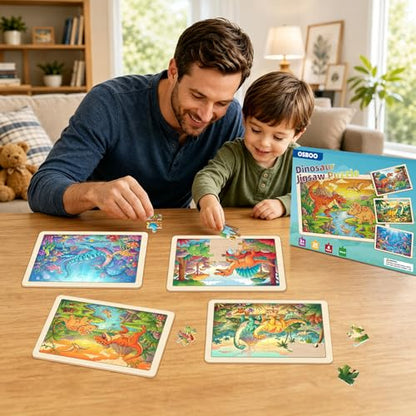 Puzzles for Kids Ages 4-6, 4-Pack 24-Piece Wooden Kids Puzzles | Dinosaur Adventure Themes | Educational Puzzles for Kids Ages 3-5, Age-Appropriate Learning Toys, Ages 3+ - color: Dinosaur