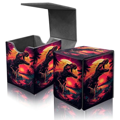 Card Deck Box for MTG Commander,Collectible Trading Storage Box Fits 120+ Single Sleeved Cards Magnetic Case PU Leather for Magic Commander TCG CCG MTG,Dinosaur Sunset - color: Dinosaur Sunset
