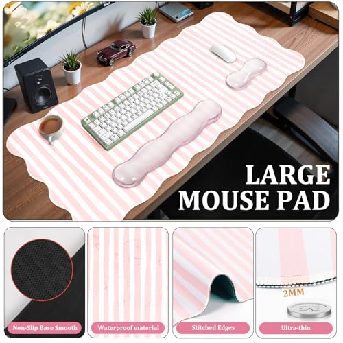 L-SPOUTTO Pink Striped Mouse Pad Set,Scalloped XXL Desk Mat + Ergonomic Mouse Wrist Rest + Gel Keyboard Wrist Rest for Keyboard 65%/75%,3in1 Large Desk Pad for Desktop Home Office Computer Game - color: Pink Striped
