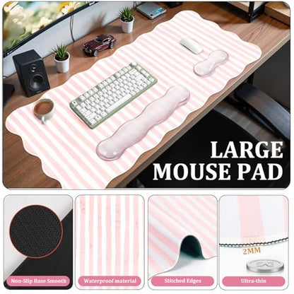 L-SPOUTTO Pink Striped Mouse Pad Set,Scalloped XXL Desk Mat + Ergonomic Mouse Wrist Rest + Gel Keyboard Wrist Rest for Keyboard 65%/75%,3in1 Large Desk Pad for Desktop Home Office Computer Game - color: Pink Striped