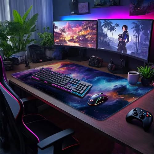 Galaxy Large Gaming Mouse Pad Desk Mat 31.5"x15.7" | Extended Mousepad, Non-Slip Rubber Base , Stitched Edges, for Computer/Laptop/Office/Home - color: Nebula Space