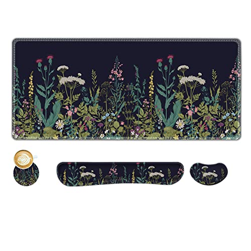 AIMSA Large Gaming Mouse Pad Set, Keyboard Wrist Rest Support + Extended Mouse Pad + Mouse Wrist Cushion + Coaster, Ergonomic Multifunctional Desk Mat 35x15.7in Anti-Slip Rubber Base (Flowers Plants) - color: Flowers Plants