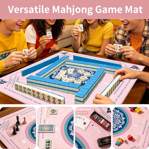 Mahjong Mat with Rules Non Slip Mat for American Mahjong Tiles | American Mahjong Mat Noise-Reducing Neoprene Mahjong Gaming Mat for Poker, Board Games, Dominoes, Dice Game,Card Games - color: Pink