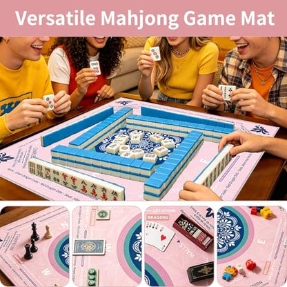 Mahjong Mat with Rules Non Slip Mat for American Mahjong Tiles | American Mahjong Mat Noise-Reducing Neoprene Mahjong Gaming Mat for Poker, Board Games, Dominoes, Dice Game,Card Games - color: Pink