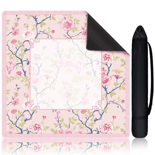 Chinoiserie Mahjong Mat with 1 Carrying Bag 31.5 x 31.5 Pink and White Rubber Anti Slip and Noise Reduction Multi Purpose Game Table Cover for Mahjong, Card, Board Tile Games - color: Pink and Green
