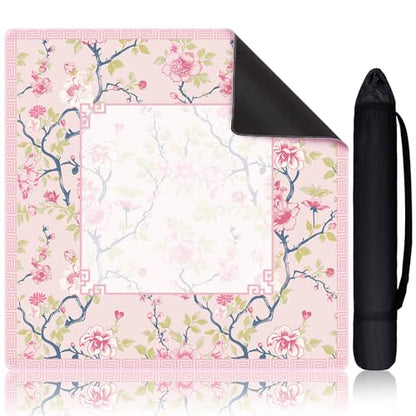 Chinoiserie Mahjong Mat with 1 Carrying Bag 31.5 x 31.5 Pink and White Rubber Anti Slip and Noise Reduction Multi Purpose Game Table Cover for Mahjong, Card, Board Tile Games - color: Pink and Green