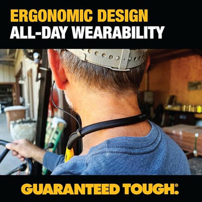 DEWALT 튼튼한 투인원 넥밴드 블루투스 헤드폰, 내장 스피커 포함, Jobsite 웨어러블 스피커 및 어라운드 넥 헤드폰, 무선 블루투스 헤드셋, 60시간 이상 핸즈프리 음악/통화, 휴대용 파우치 - color: 옐로우와 블랙.