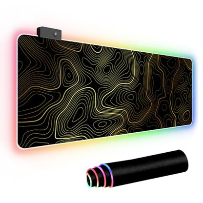 RGB Mouse Pad LED Desk Mat Large Gaming Mousepad Black and Gold Line Design, Keyboard Pad XL Mouse Mat for Home and Office (Black with Gold Topographic Line) - color: Black With Gold Topographic Line