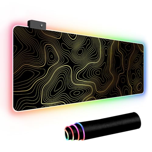RGB Mouse Pad LED Desk Mat Large Gaming Mousepad Black and Gold Line Design, Keyboard Pad XL Mouse Mat for Home and Office (Black with Gold Topographic Line) - color: Black With Gold Topographic Line
