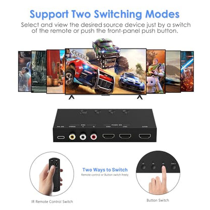 3-Port 8K@60Hz HDMI Switch with AV Input, 2X HDMI & 1x RCA to HDMI Converter Supports HDR10, HDCP 2.2, 3D with IR Remote Control, Compatible with Xbox/PS2/Nintendo Switch,Xbox,PS5/PS4,Roku,Apple TV - size: 8K@60Hz 2x HDMI & 1x RCA