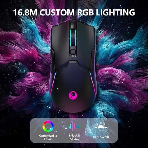 Wired Gaming Mouse,Ergonomic 8000 DPI Optical Gaming Mice with 12 RGB Backlit Modes, 6 Programmable Buttons, DIY Software for PC Gamer & Office