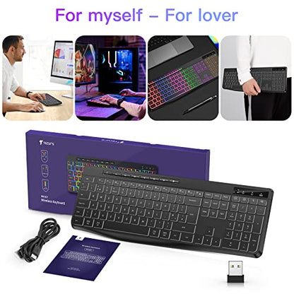 TECURS Wireless Gaming Keyboard - Light Up, Silent, Ultra Slim Full Size, LED Backlit 2.4G with Multimedia Keys for Mac & Windows