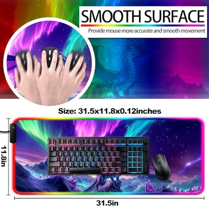 RGB Fantasy Aurora Scenery and Dragon Gaming Desk Mat, Computer Keyboard Large Extended Long LED Mouse Pad for Office and Home, XL (W06) - color: Rgb-w06