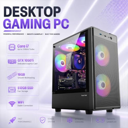 Prebuilt Gaming PC Desktop, Intel Core I7 Desktop Computer up to 3.9 GHz | GTX 1050Ti 4G Graphics Card, 16GB RAM, 512GB SSD, WiFi, RGB Fan, Win11, Tower Computer for Game, Office and Study