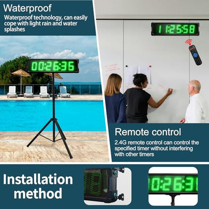 Large LED Display Digital Race Timer with Battery,Function-Countdown/Up/Time Clock, Remote Control, Tripod Stand and Adjustable Brightness for Sports Events, Races, Meetings, (Green) - style: waterproof+green