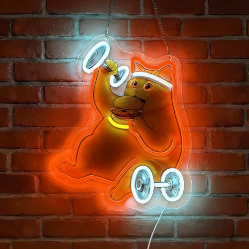 LED Funny Cat Neon Sign Light Up Gym Cat Lights Lighted Eating Neon Signs with Base for Bedroom Dorm Hallway Garage Bar Gaming Room Man Girls Cave Tabletop Wall Decor Art Gifts - color: Gym Cat