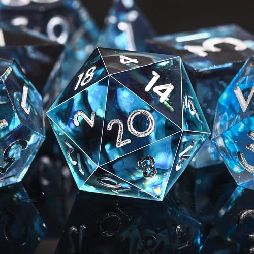 AUSTOR 7-Die DND Dice Set Handmade Sharp Edge Polyhedral Dice for Dungeons and Dragons D&D RPG MTG Table Games (Blue & Black, Silver) - color: Blue & Black，silver