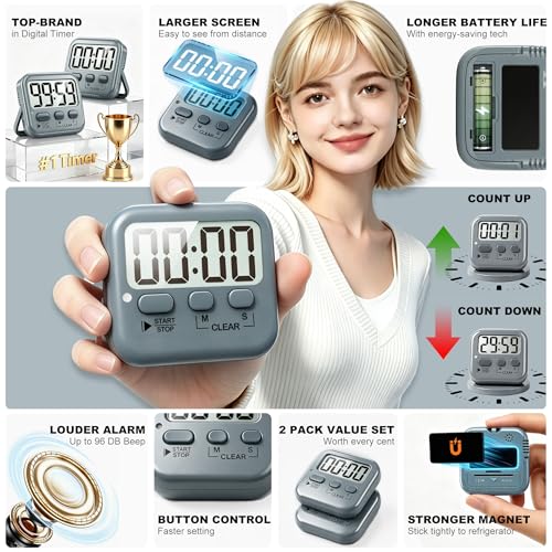2 Pack Digital Timer for Kids Classroom Kitchen Timers for Cooking | w/ Battery, Easy to View, Alarm, Mute Mode, Count Down/Up, Magnetic, Kickstand, Hanging, Classroom Timer for Teacher Supplies - color: Space Grey