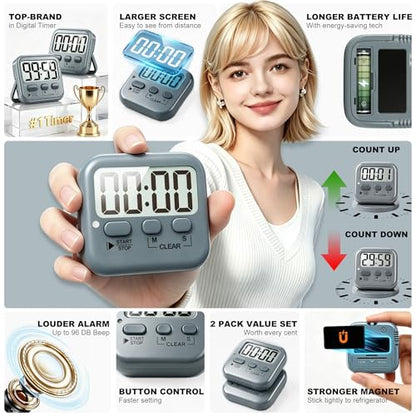 2 Pack Digital Timer for Kids Classroom Kitchen Timers for Cooking | w/ Battery, Easy to View, Alarm, Mute Mode, Count Down/Up, Magnetic, Kickstand, Hanging, Classroom Timer for Teacher Supplies - color: Space Grey