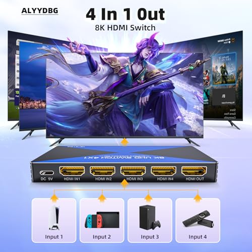 8K@60Hz HDMI Switch 4 in 1 Out. ALYYDBG 4K@120Hz/240Hz HDMI 2.1 Switcher Supports Dynamic HDR10+ HDCP 2.3 CEC, Works with Gaming Consoles TV Box Stick Computer to TV Monitor Projector - size: 4x1